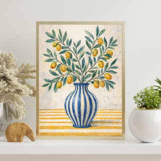 Mediterranean Lemon Branch in Blue Vase – Rustic Poster
