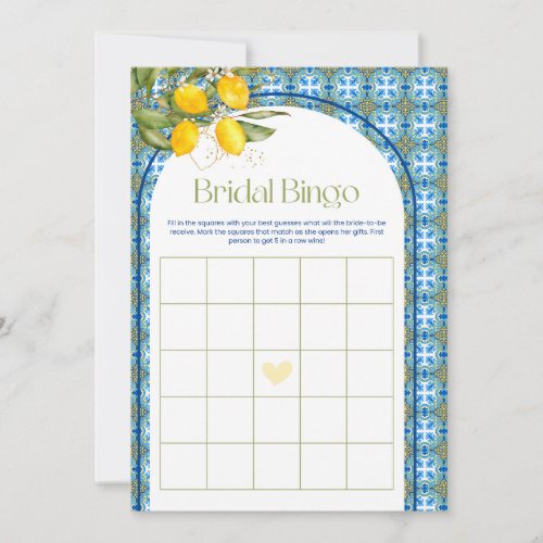 Mediterranean Lemon Bridal Shower Bingo Game Card
