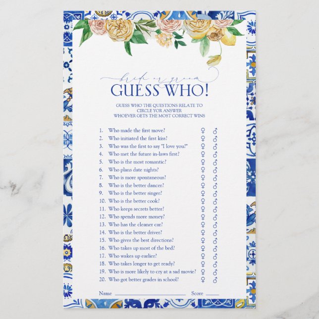 Mediterranean Lemon Bridal Shower Guess Who Game (Front)