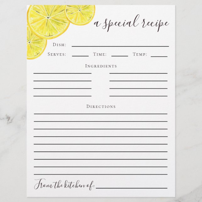 Mediterranean Lemon Bridal Shower Recipe Card Flyer (Front)