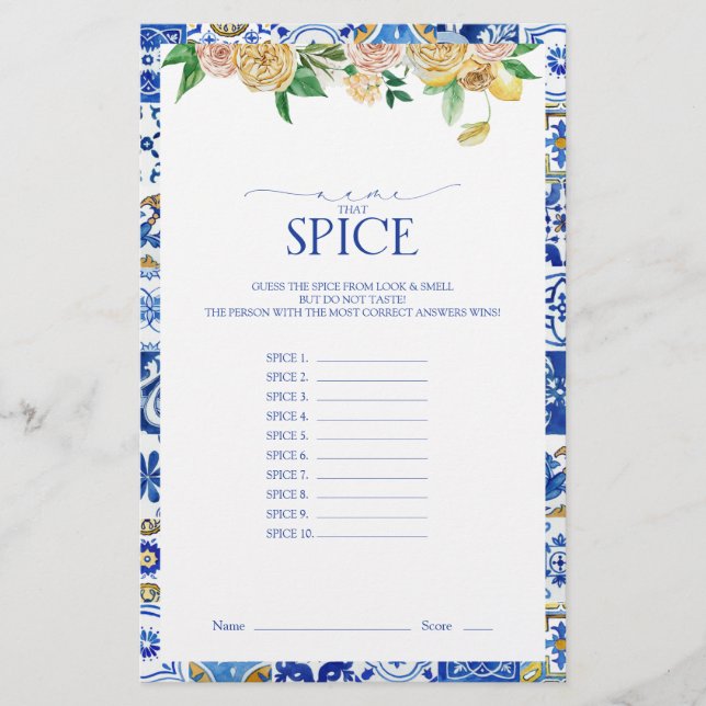 Mediterranean Lemon Bridal Shower Spice Game (Front)