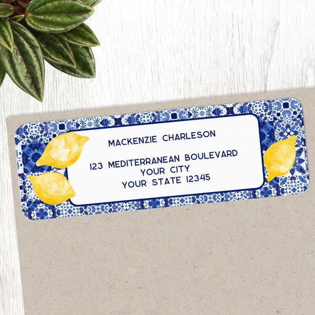 Mediterranean Lemon Ceramic Tile Return Address Label (Modern Mediterranean lemon citrus watercolor blue and white tile personalize return address labels)