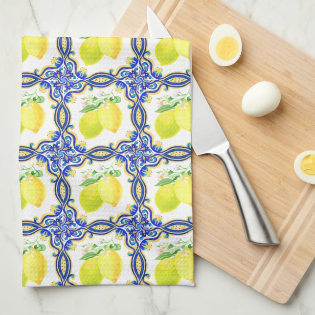 Mediterranean Lemon Citrus Blue And White Kitchen Towel (Quarter Fold)