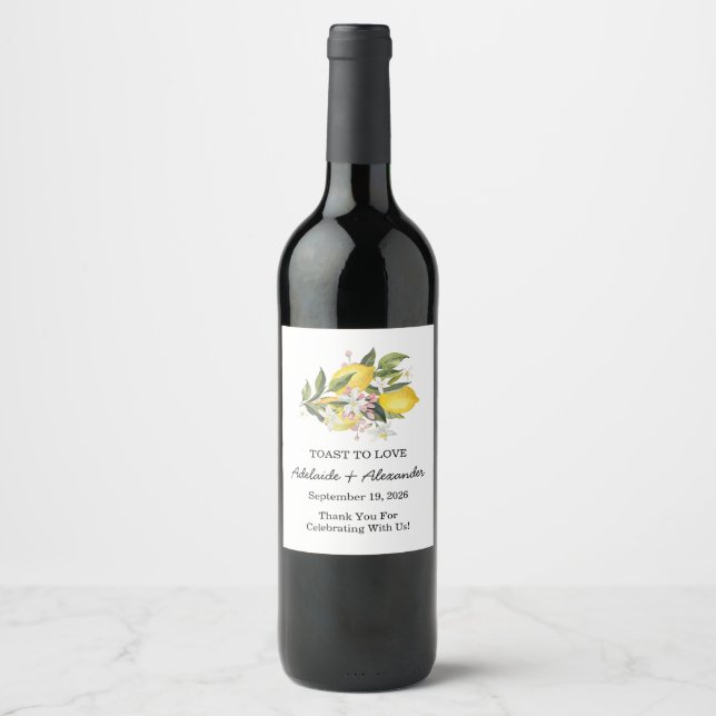 Mediterranean Lemon Citrus Wedding Collection Wine Label (Front)