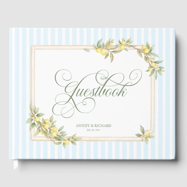 Mediterranean Lemon Coastal Stripe Wedding Guest Book (Front)