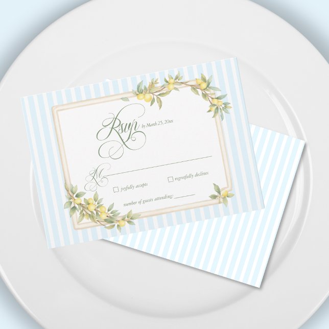 Mediterranean Lemon Coastal Stripe Wedding RSVP Card (elegant mediterranean lemon coastal pale blue stripe wedding invitation rsvp card)