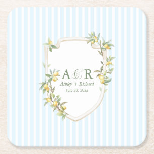 Mediterranean Lemon Coastal Stripe Wedding Square Paper Coaster