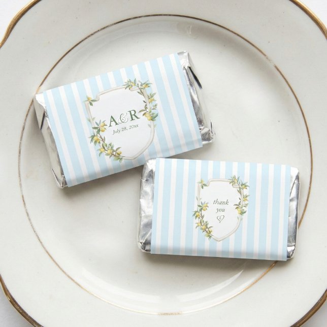 Mediterranean Lemon Coastal Wedding Hershey's Miniatures (elegant Mediterranean blue stripe lemon crest monogram thank you Hershey's Miniatures wedding favors)