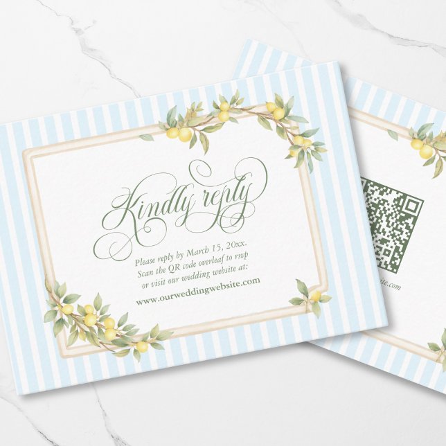 Mediterranean Lemon Coastal Wedding RSVP QR Code Enclosure Card (elegant kindly reply Mediterranean lemon wedding website RSVP QR code enclosure code)