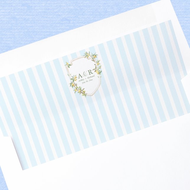 Mediterranean Lemon Crest Wedding Monogram Envelope Liner (mediterranean lemon monogram crest coastal blue stripe wedding invitation envelope liners)