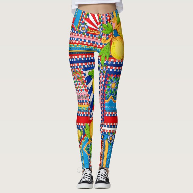 Mediterranean Lemon Dolce Patchwork Tile Leggings (Front)