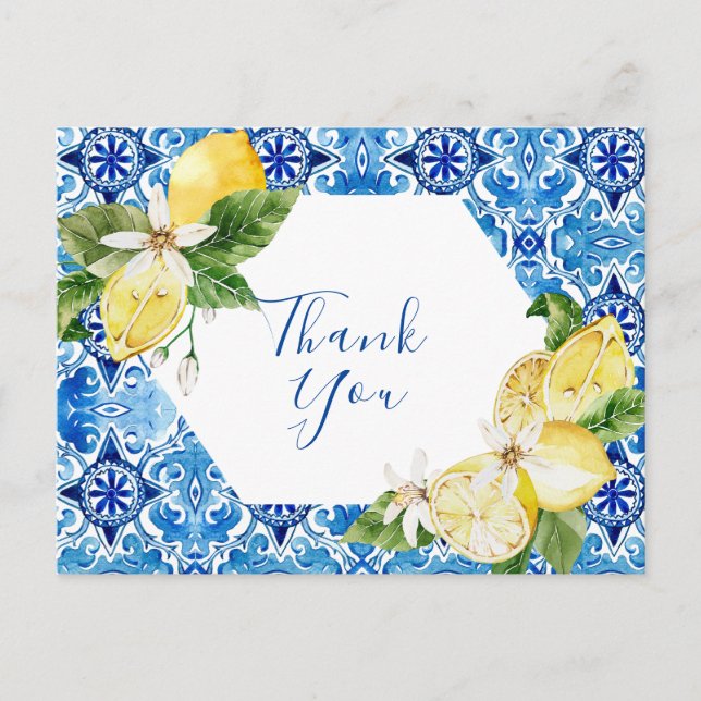 Mediterranean Lemon floral tile Thank You post car Postcard (Front)