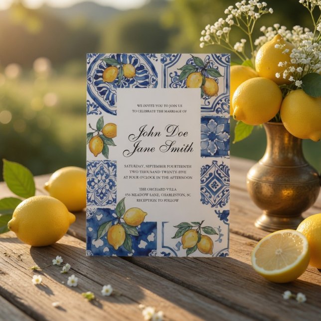 Mediterranean Lemon Italian Coast Blue Tile Citrus Invitation (Creator Uploaded)