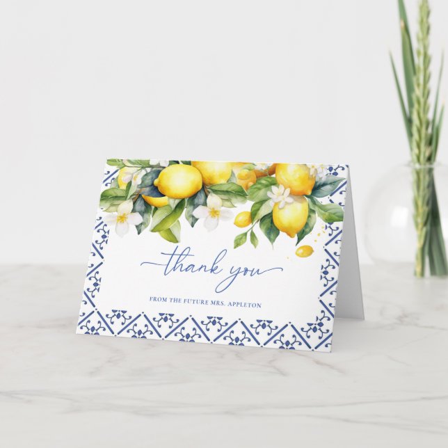 Mediterranean Lemon Main Squeeze Bridal Shower Thank You Card (Front)