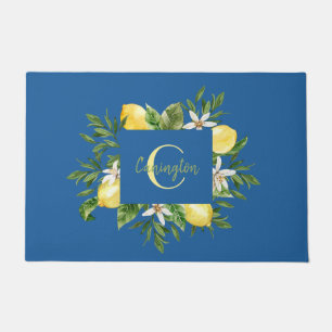Mediterranean Lemon Monogram New Home Blue Doormat