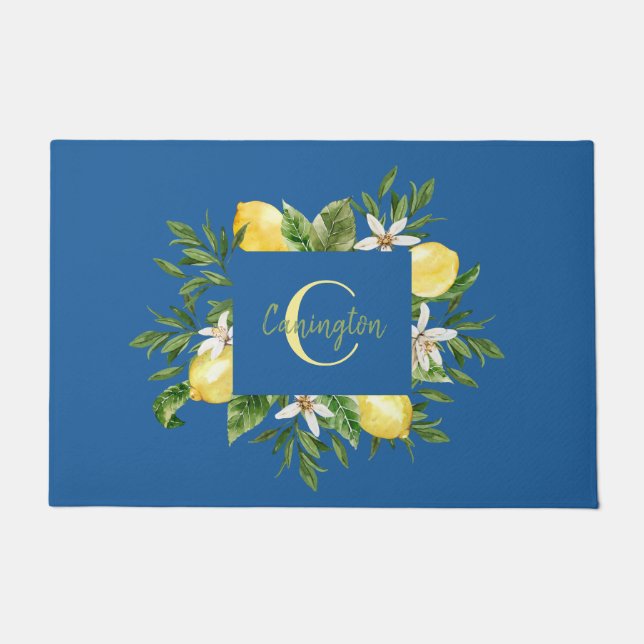 Mediterranean Lemon Monogram New Home Blue Doormat (Front)