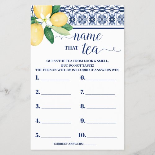 Mediterranean Lemon Name that Tea Shower Game Card Flyer