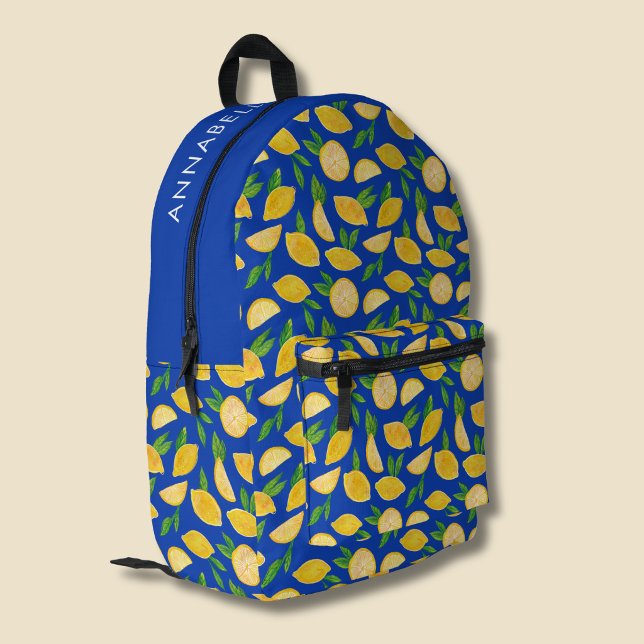 Mediterranean Lemon pattern Printed Backpack (Citrus Lemon personalized blue backpack )