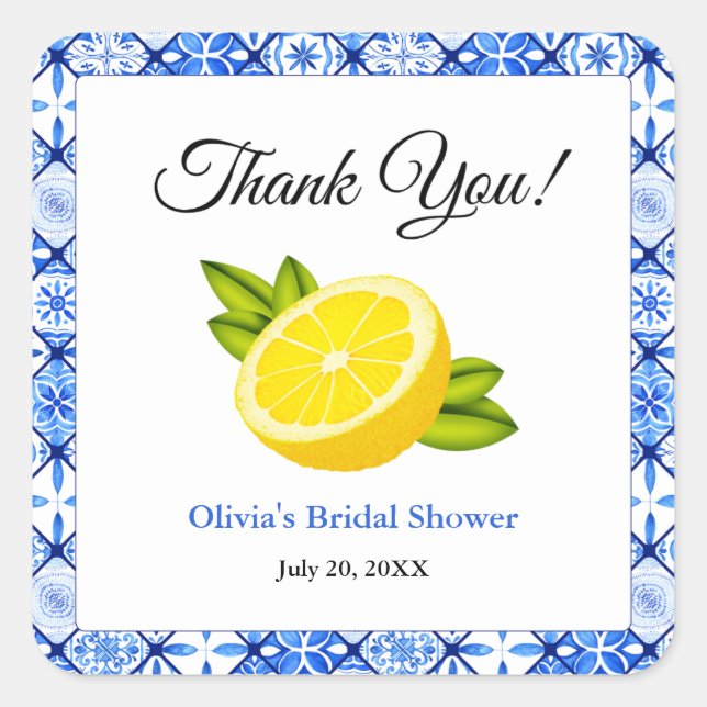 Mediterranean Lemon Thank You Bridal Shower Square Sticker (Front)