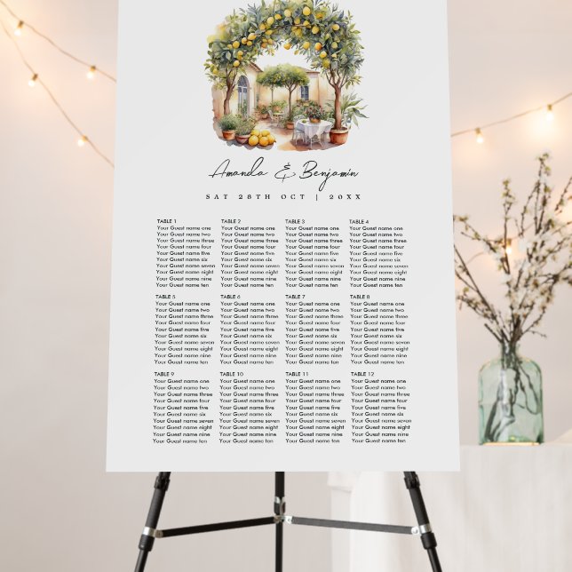 Mediterranean Lemon-Themed Wedding Seating Chart Foam Board (In Situ (Stand))