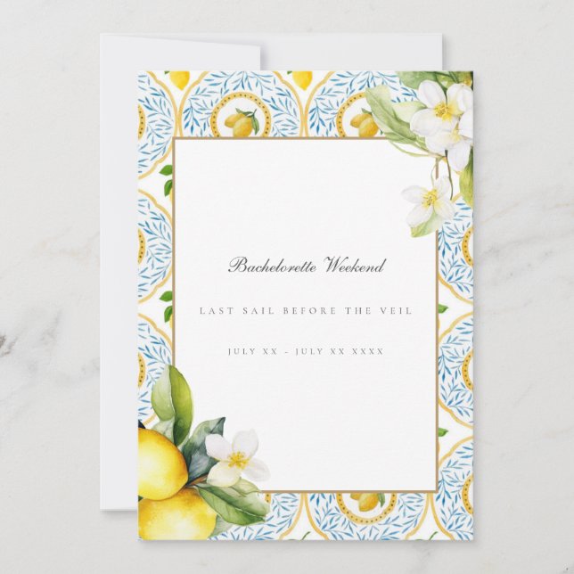 Mediterranean Lemon Tile Bachelorette Weekend Card (Front)