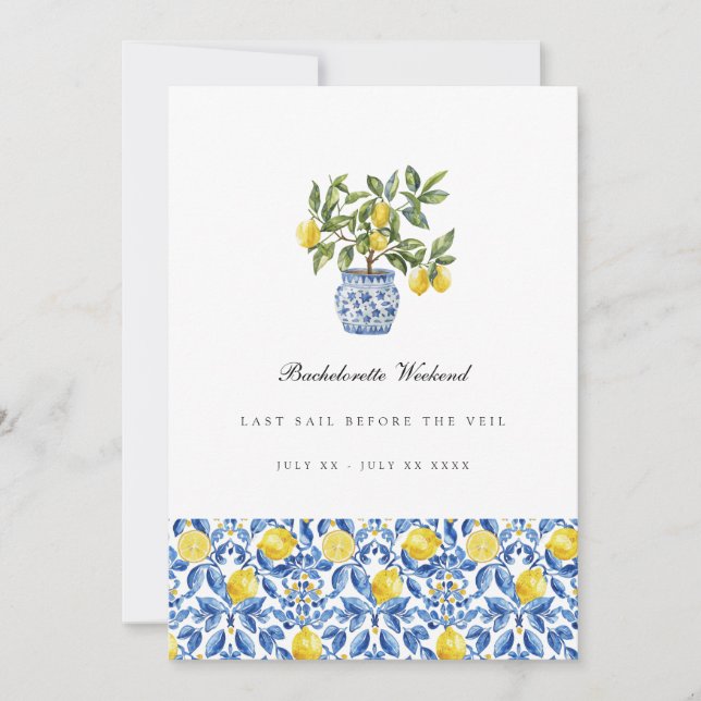 Mediterranean Lemon Tile Bachelorette Weekend Card (Front)