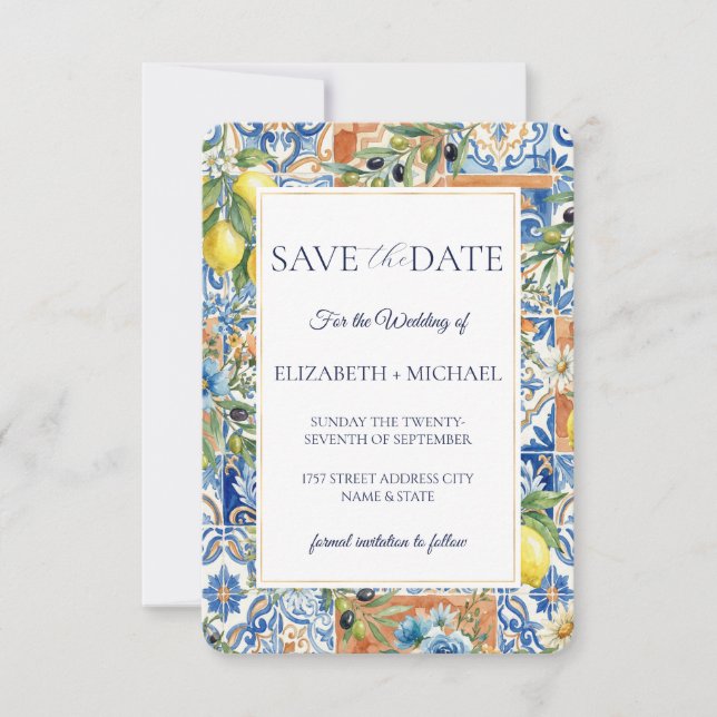 Mediterranean Lemon Tile Blue Floral Citrus Save The Date (Front)