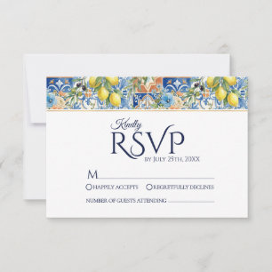 Mediterranean Lemon Tile Blue Wedding RSVP Cards