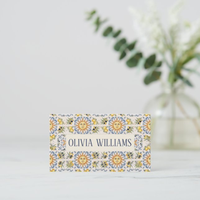 Mediterranean Lemon Tile Italian Coastal Design Business Card (Standing Front)