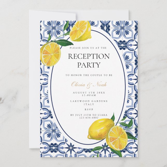 Mediterranean Lemon Tile Reception Invitation Card (Front)