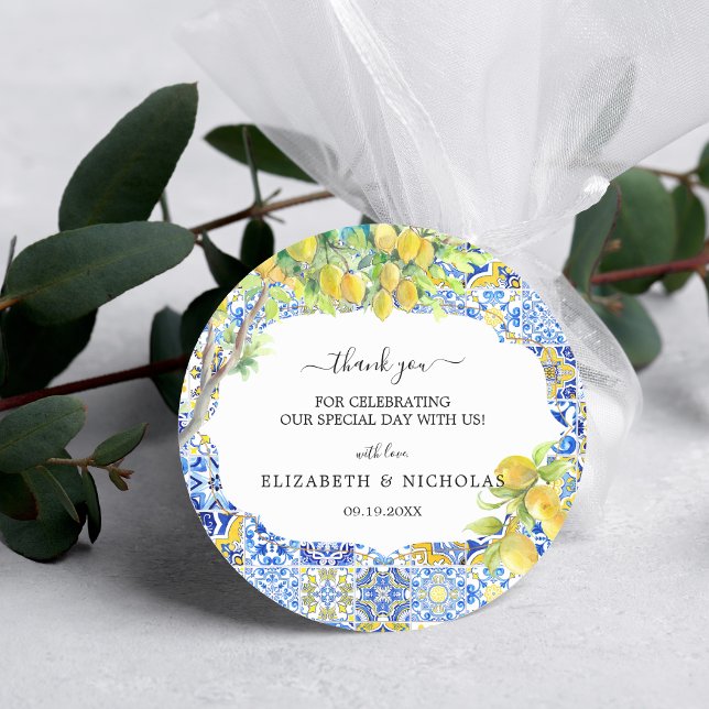 Mediterranean Lemon Tiles | Wedding Favor Classic Round Sticker (Creator Uploaded)