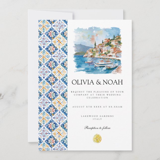 Mediterranean Lemon Tiles Wedding Invitation (Front)