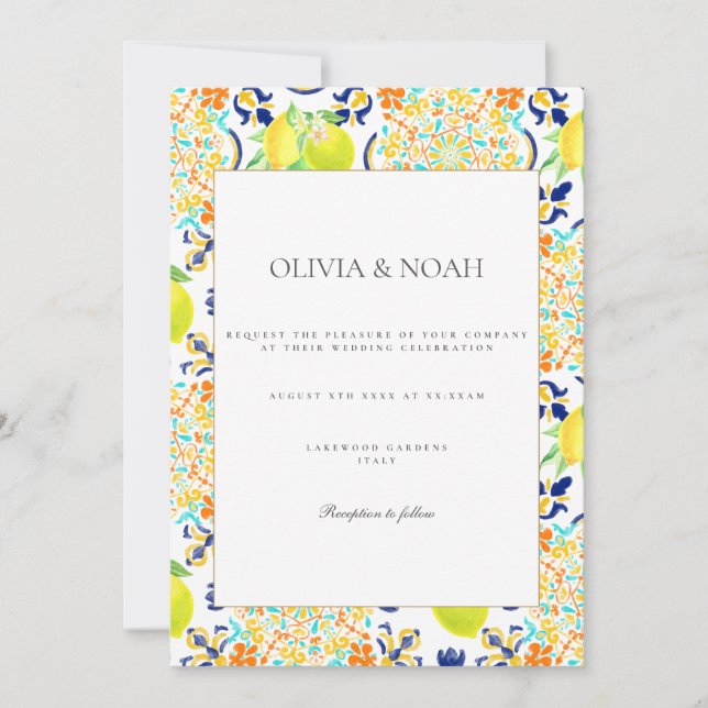Mediterranean Lemon Tiles Wedding Invitation (Front)