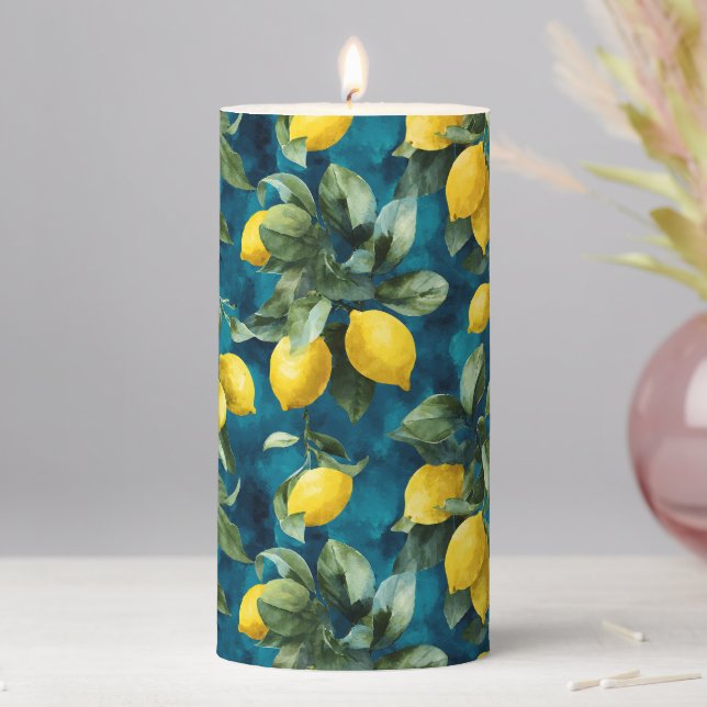 Mediterranean Lemon Watercolor Blue Yellow Pattern Pillar Candle (In Situ)