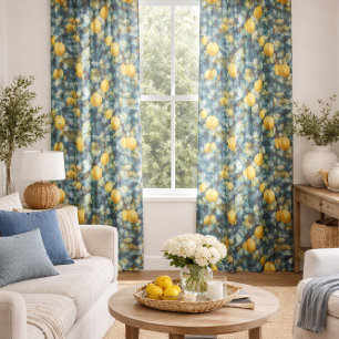 Mediterranean Lemon Watercolor Blue Yellow Pattern Sheer Curtains