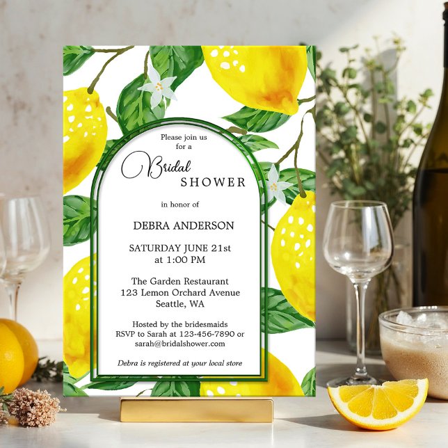 Mediterranean Lemon Watercolor Bridal Shower Invitation (Mediterranean bridal shower invite showing watercolor lemon citrus fruits with fresh green leaves)