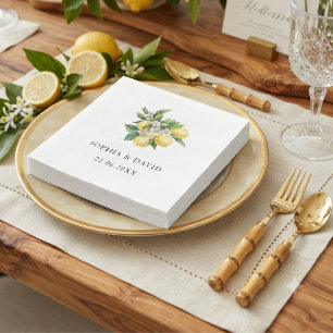 Mediterranean Lemon Watercolor Floral Wedding Napkins