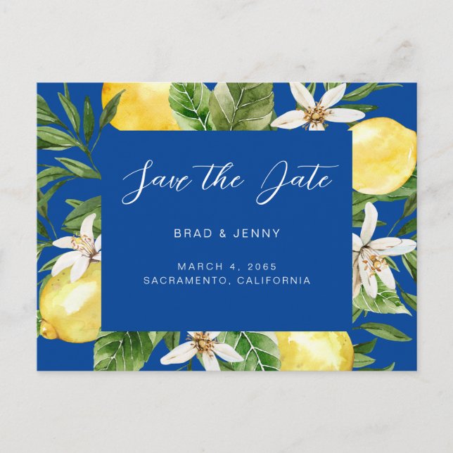 Mediterranean Lemon Wedding Blue Save the Date  Postcard (Front)