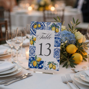 Mediterranean Lemon Wedding Blue Tile Table Number