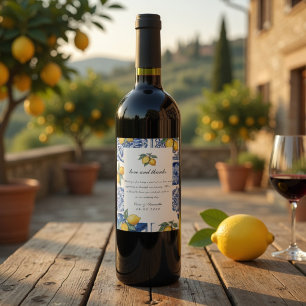 Mediterranean Lemon Wedding Blue Tile Wine Label