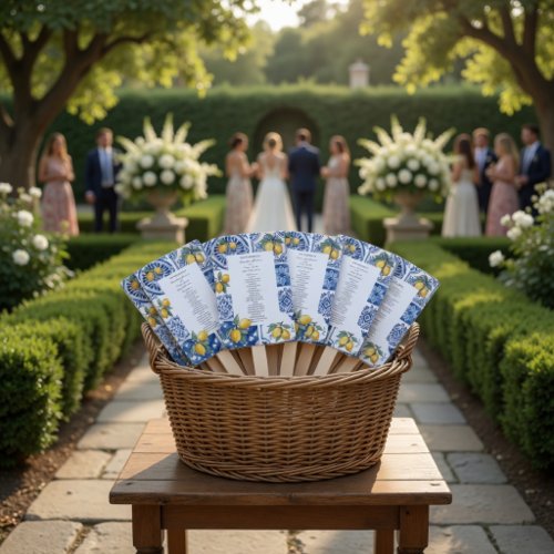 Mediterranean Lemon Wedding Fan | Blue Tile
