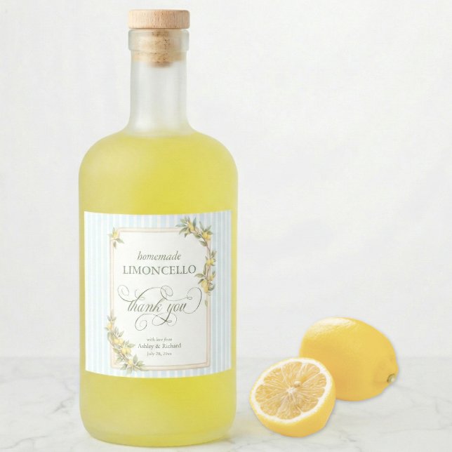 Mediterranean Lemon Wedding Limoncello Liquor Bottle Label (homemade limoncello thank you coastal blue stripe Mediterranean lemon wedding favor)