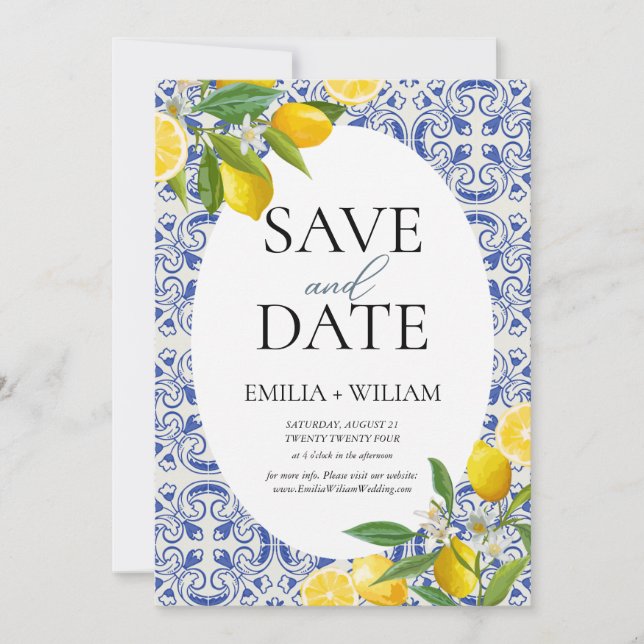Mediterranean Lemon Wedding Summer Photo Save The Date (Front)