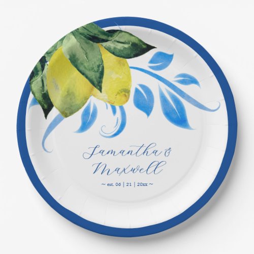 Mediterranean Lemon Wedding Table Decor Blue Paper Plates
