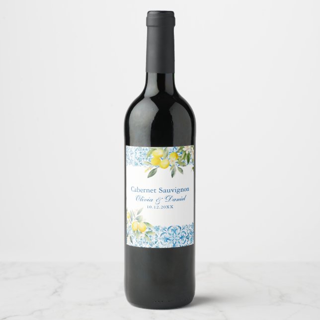 Mediterranean Lemon Wedding Wine Label (Front)