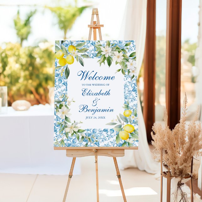 Mediterranean Lemon Welcome Wedding Sign (Mediterranean Blue Tiles & Lemon Wedding Welcome Foam Board)