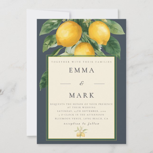 Mediterranean Lemon with QR Code | Charcoal Blue Invitation (Front)