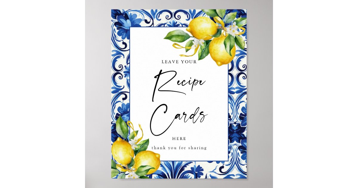 Mediterranean LemonaBridal Shower Recipe Card Sign | Zazzle