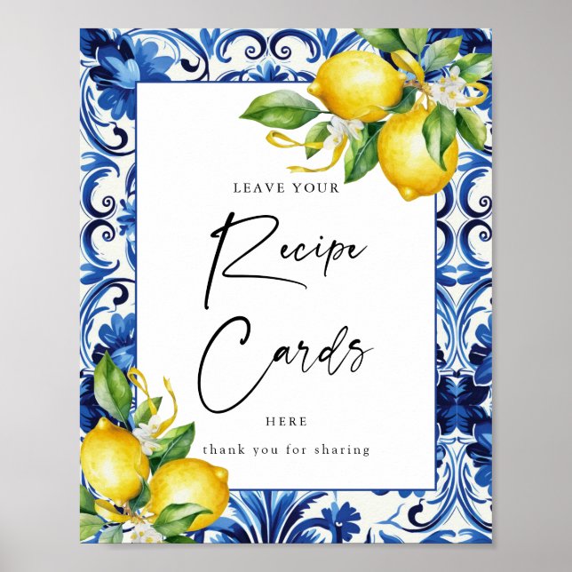 Mediterranean LemonaBridal Shower Recipe Card Sign (Front)