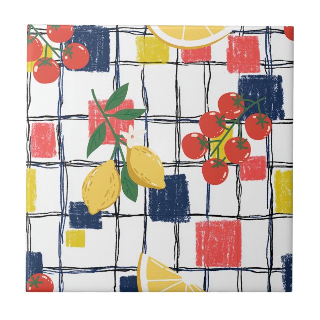 Mediterranean Lemons and Tomatoes Plaid Ceramic Tile (Front)